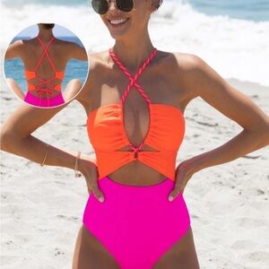Popvil Cutout lace-up back colorblock one piece Swimsuit - Orange & Hot Pink